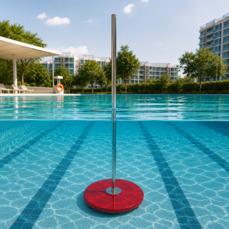 A pole with red circular base in a swimming pool