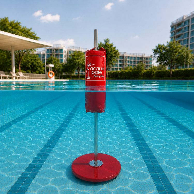 A metal pole and circular base stands in a swimming pool with boxing bag