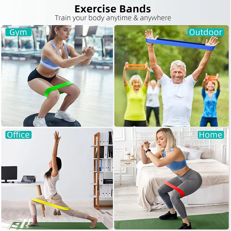 Exercise bands being used in various settings including gym, outdoor, office, and home.