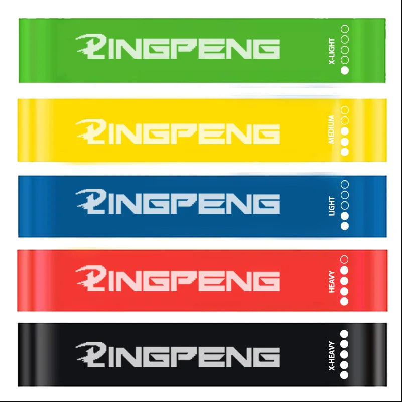 Set of Ringpeng resistance bands in various colors with labels indicating weight levels.