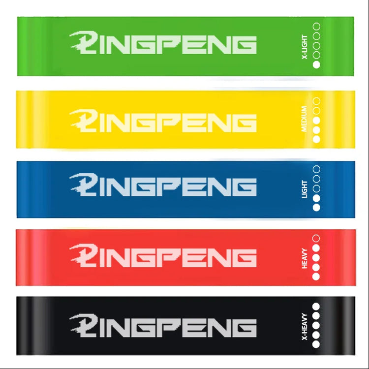 Set of Ringpeng resistance bands in various colors with labels indicating weight levels.