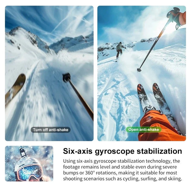 Two skiing scenes with a person using ski poles and skis, demonstrating six-axis gyroscope stabilization technology.

