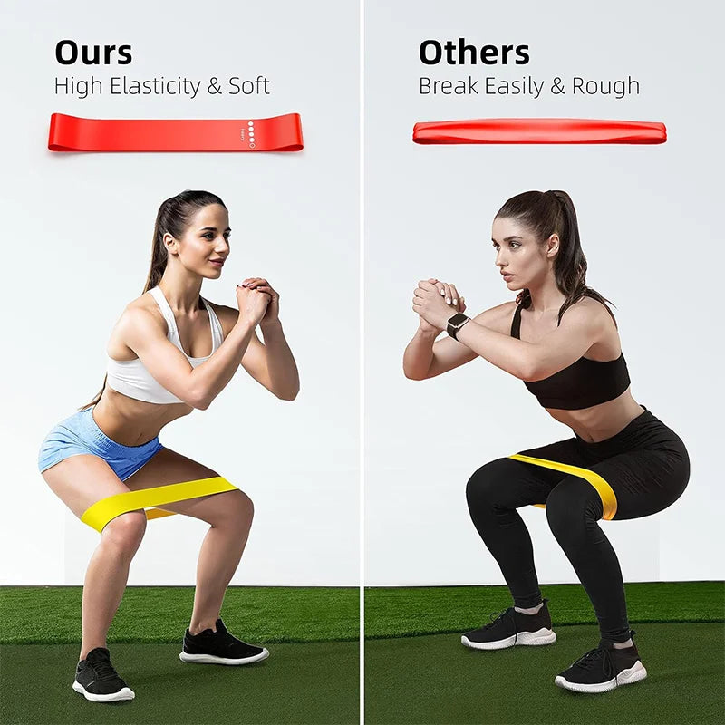 Woman using a resistance band labeled 'Ours' for exercise, with another labeled 'Others' shown for comparison.