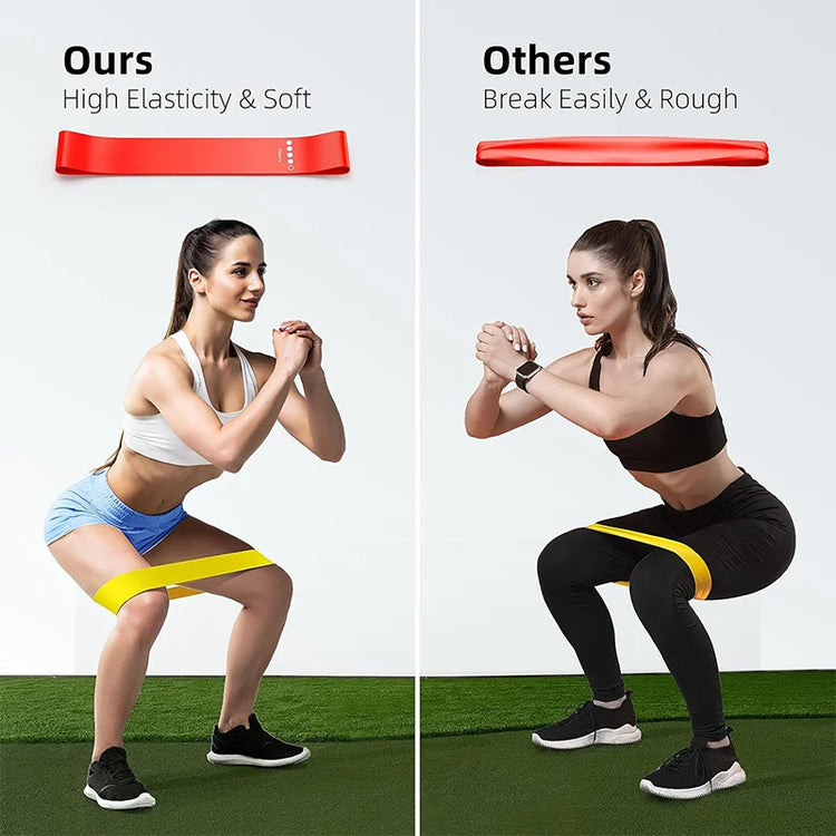 Woman using a resistance band labeled 'Ours' for exercise, with another labeled 'Others' shown for comparison.