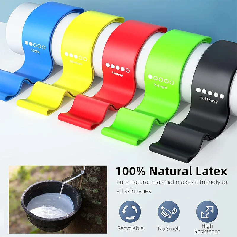 Colorful bands in various sizes with a natural latex product and benefits displayed below.