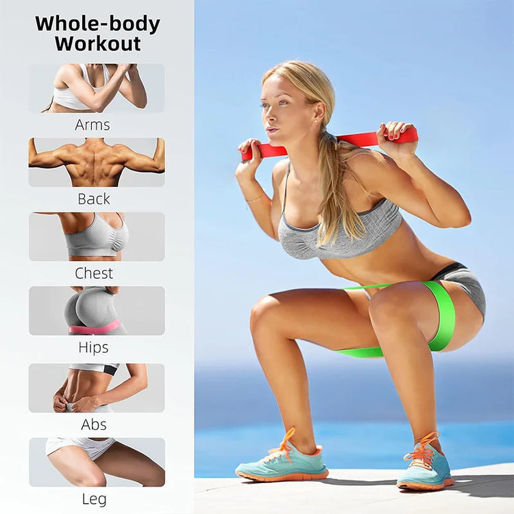 Woman exercising with resistance bands against a clear blue sky, with icons on the left side indicating workout focus areas.