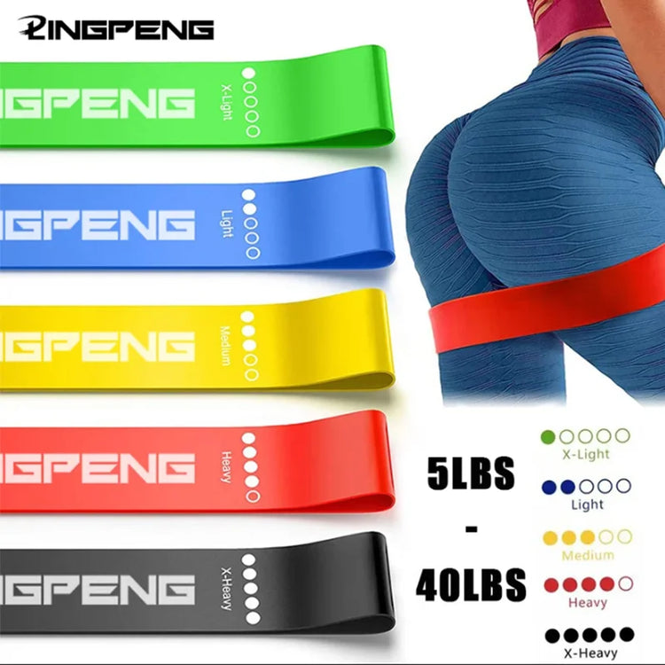 Set of resistance bands in various colors with a person wearing a blue band, showing different weight levels.